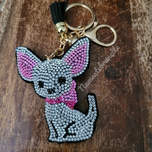 Chihuahua Dog Crystal Rhinestone Keychain Bag Charm With Black Tassel - Picture 5 of 17